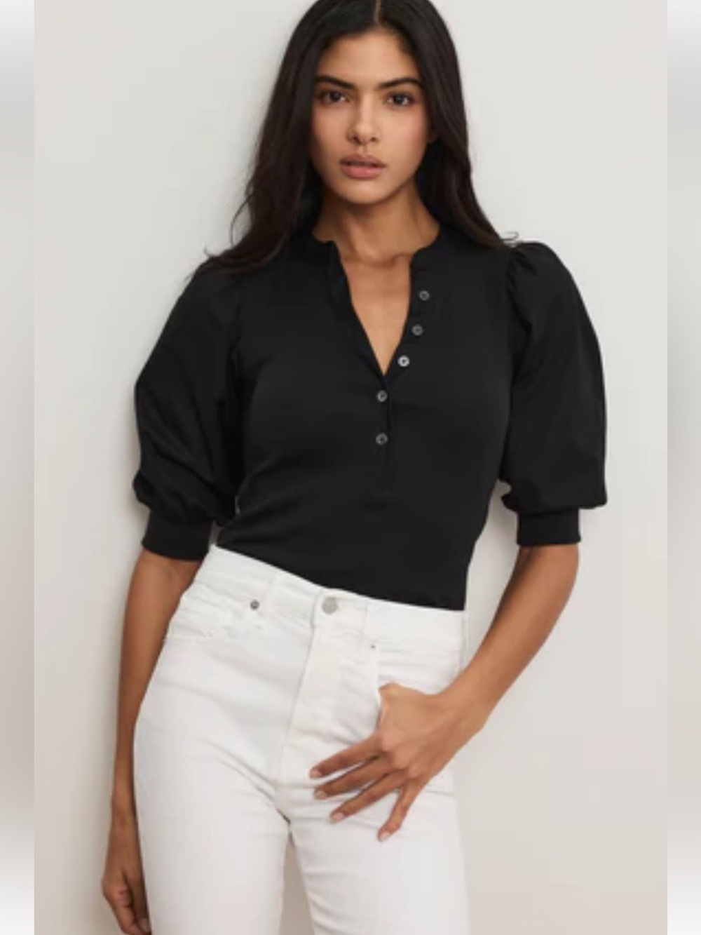 Bailey/44 Black Puffy Sleeves Stretch Top, Sz Sm